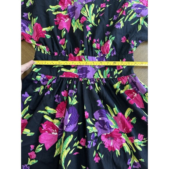 Vintage Stuart Alan 1980s 90’s BOLD FLORAL Bouquet Team Dress 1940’s Flare Midi - Picture 10 of 11
